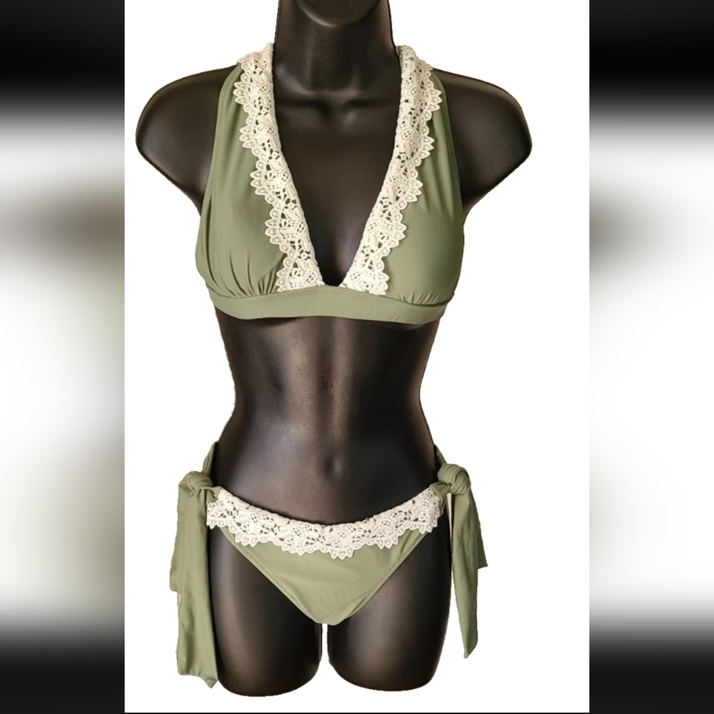 CupShe Olive Green Lace Trim Bikini Sz S